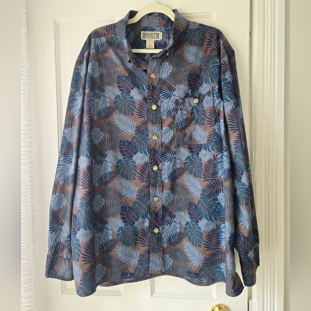 Duluth Shirt Button-Down Hawaiian Relaxed Long Floral Palm Blue Brown Mens XL
